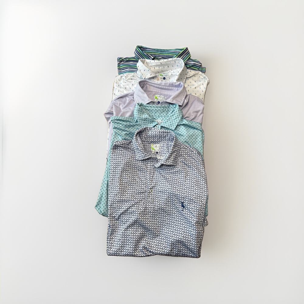 Lot of 5- TailorByrd L Men’s Performance Golf Polo Geometric, Flamingo, SPF 30